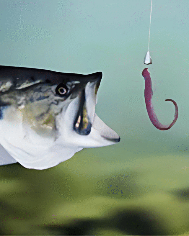 Fish nearly eating a worm on a hook.