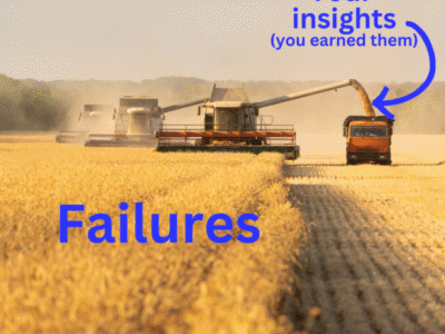 farmers harvesting a crop. the unharvested crops represent failure and the lessons are getting collected
